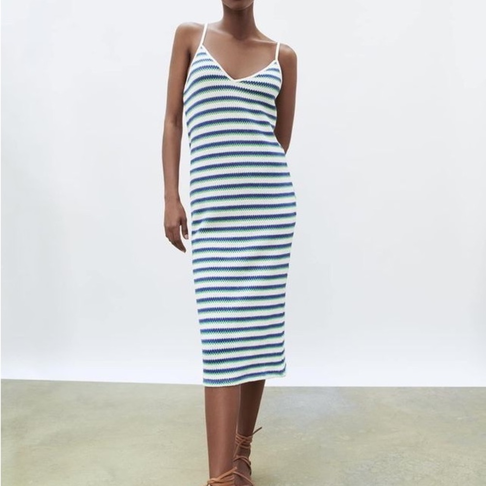 Zara Blue, Green & White Striped Knit Midi Dress